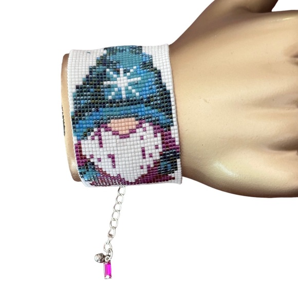 Hand crafted beaded loom cuff winter gnome bracelet adjustable 7” to 9” - Picture 4 of 5
